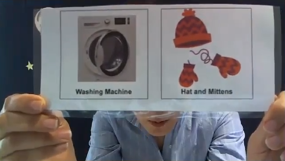 Offering students two options at a time to choose from rather than asking open ended questions was more accessible for many students. A printed image of a washing machine and hats and mittens.