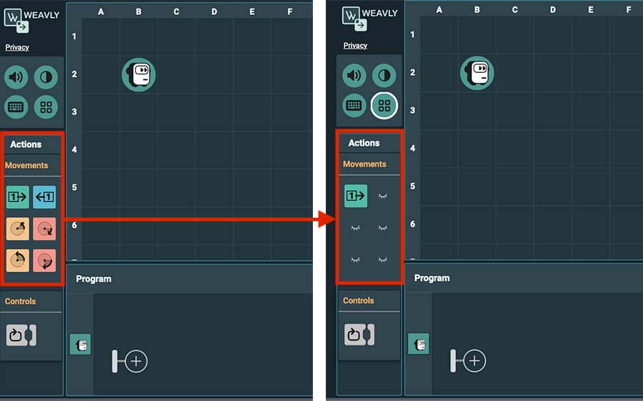 Weavly's simplification option enables teachers to hide the action blocks and only leave ones visible that are included in their lesson plans. Comparing two screenshots of the Weavly coding environment, one with all action blocks and the other simplified option enabled and having only the move forward action block visible.